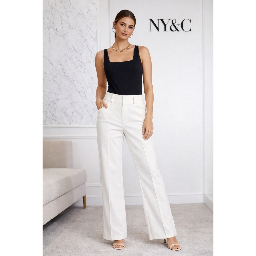 NWT NY&C Womens White Wide Leg Dress Pants‎ Size 8 High Rise Flare Career